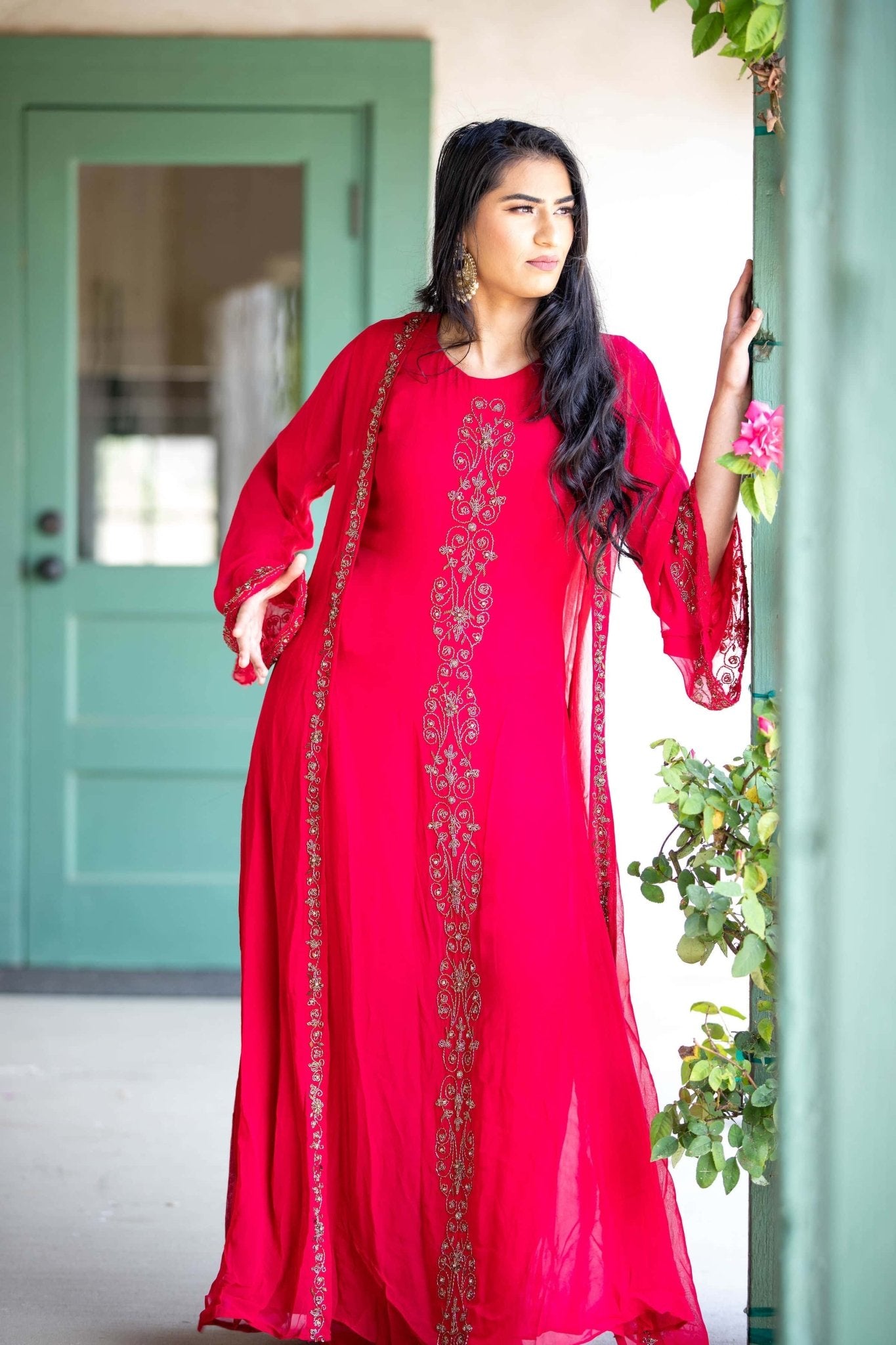 Torch Red Embroidered Dress with Long Jacket - Anvi Couture