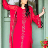 Torch Red Embroidered Dress with Long Jacket - Anvi Couture