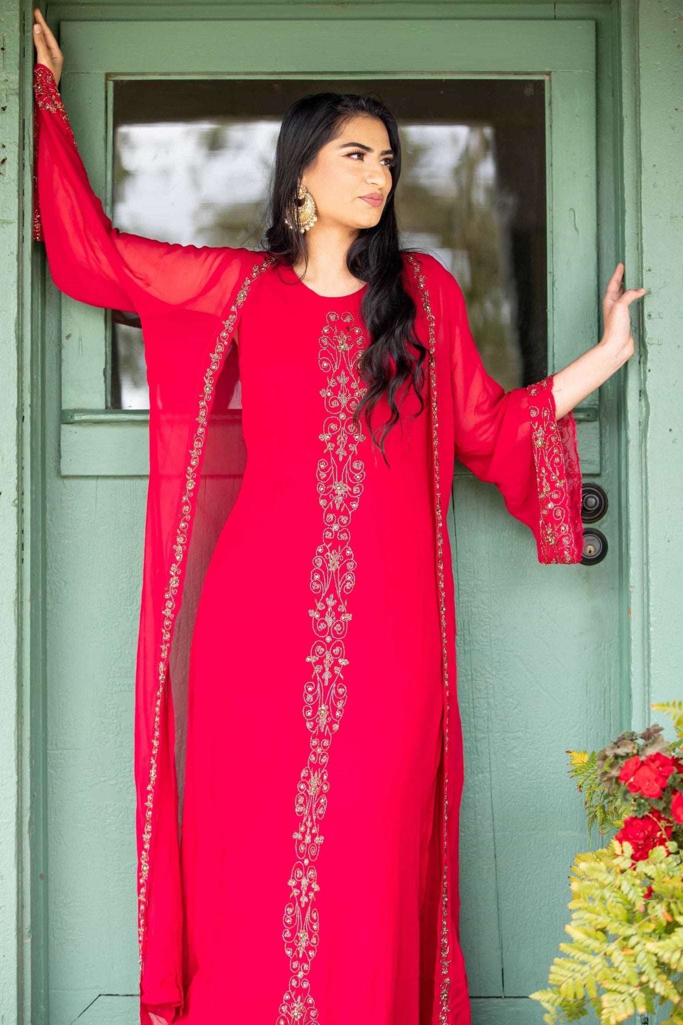 Torch Red Embroidered Dress with Long Jacket - Anvi Couture