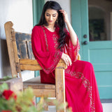 Torch Red Embroidered Dress with Long Jacket - Anvi Couture