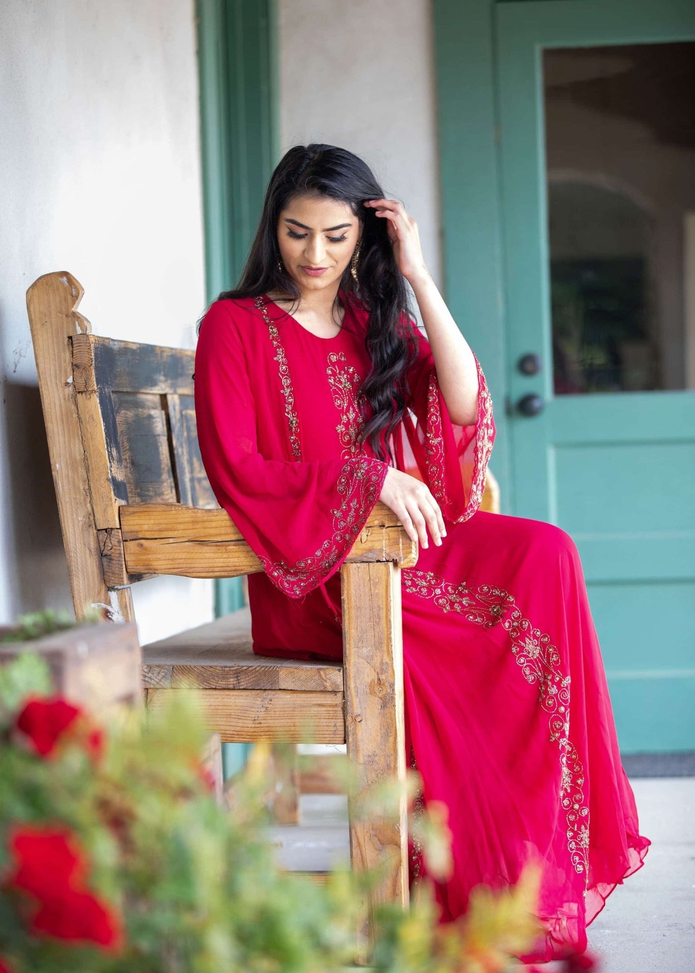 Torch Red Embroidered Dress with Long Jacket - Anvi Couture