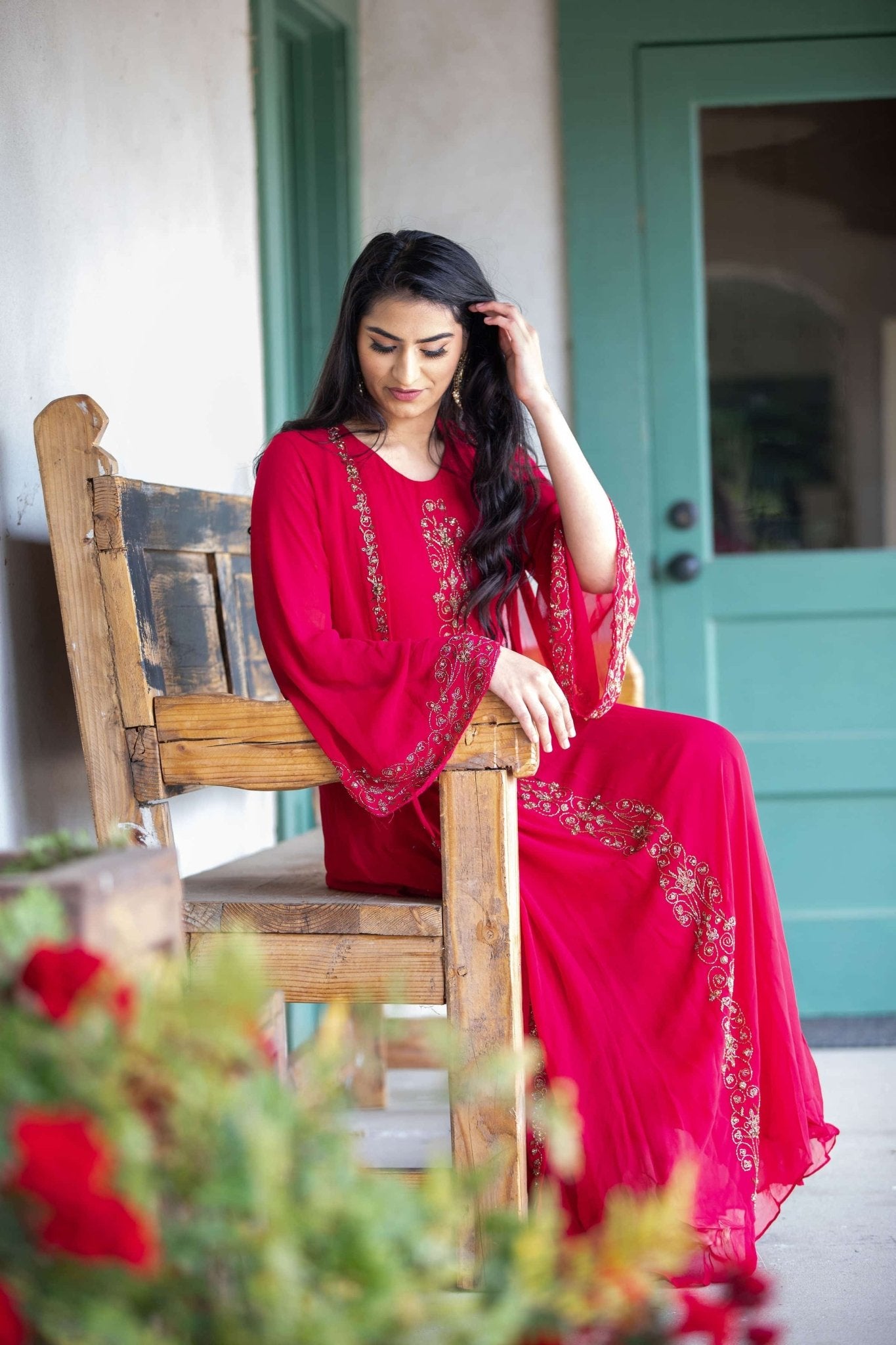 Torch Red Embroidered Dress with Long Jacket - Anvi Couture