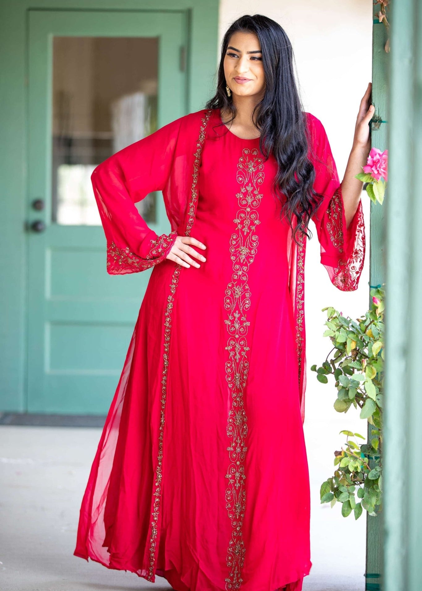 Torch Red Embroidered Dress with Long Jacket - Anvi Couture