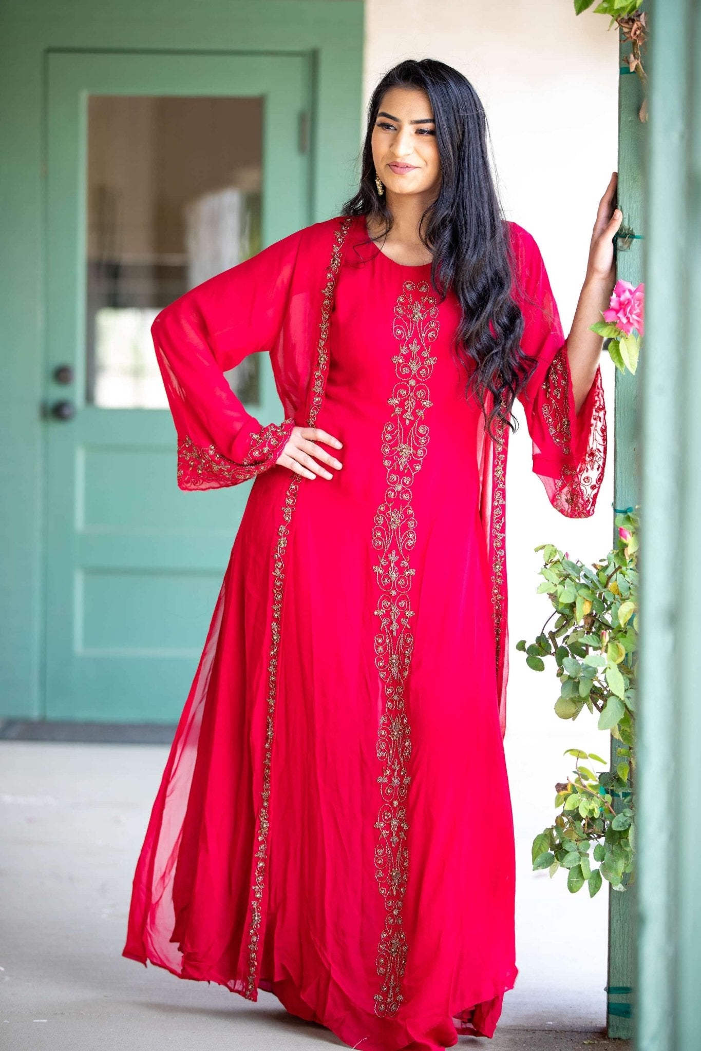 Torch Red Embroidered Dress with Long Jacket - Anvi Couture