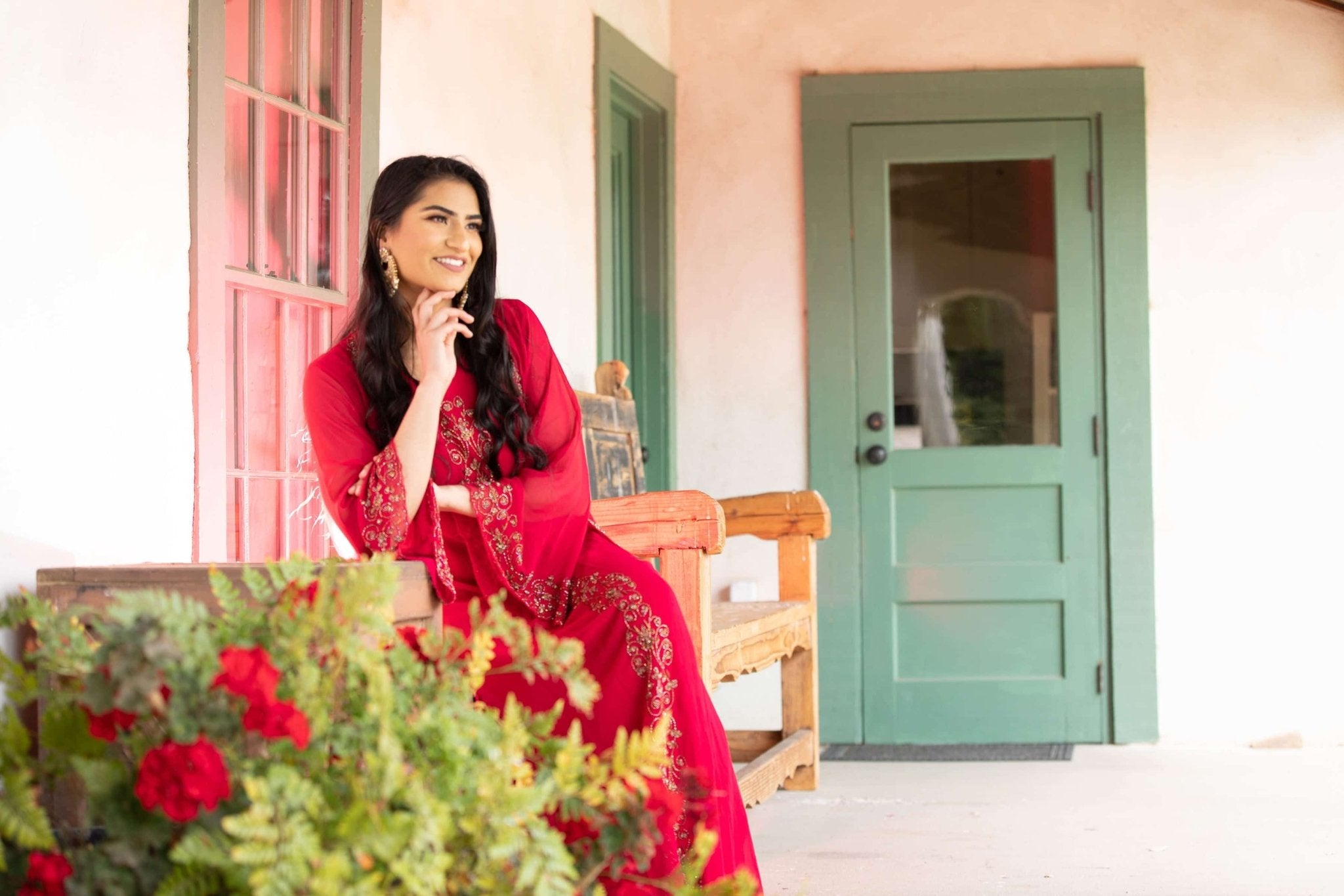 Torch Red Embroidered Dress with Long Jacket - Anvi Couture