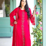 Torch Red Embroidered Dress with Long Jacket - Anvi Couture