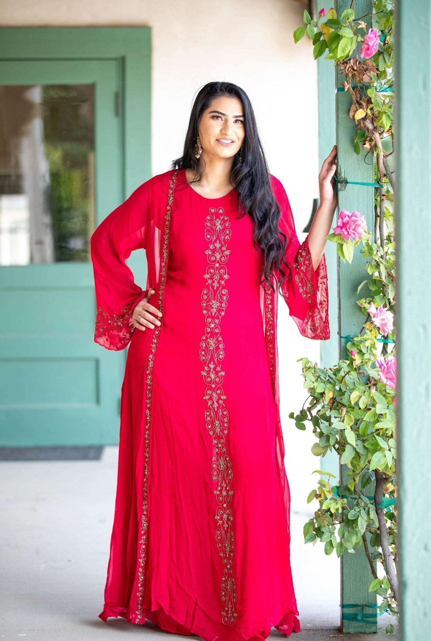 Torch Red Embroidered Dress with Long Jacket - Anvi Couture