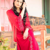 Torch Red Embroidered Dress with Long Jacket - Anvi Couture