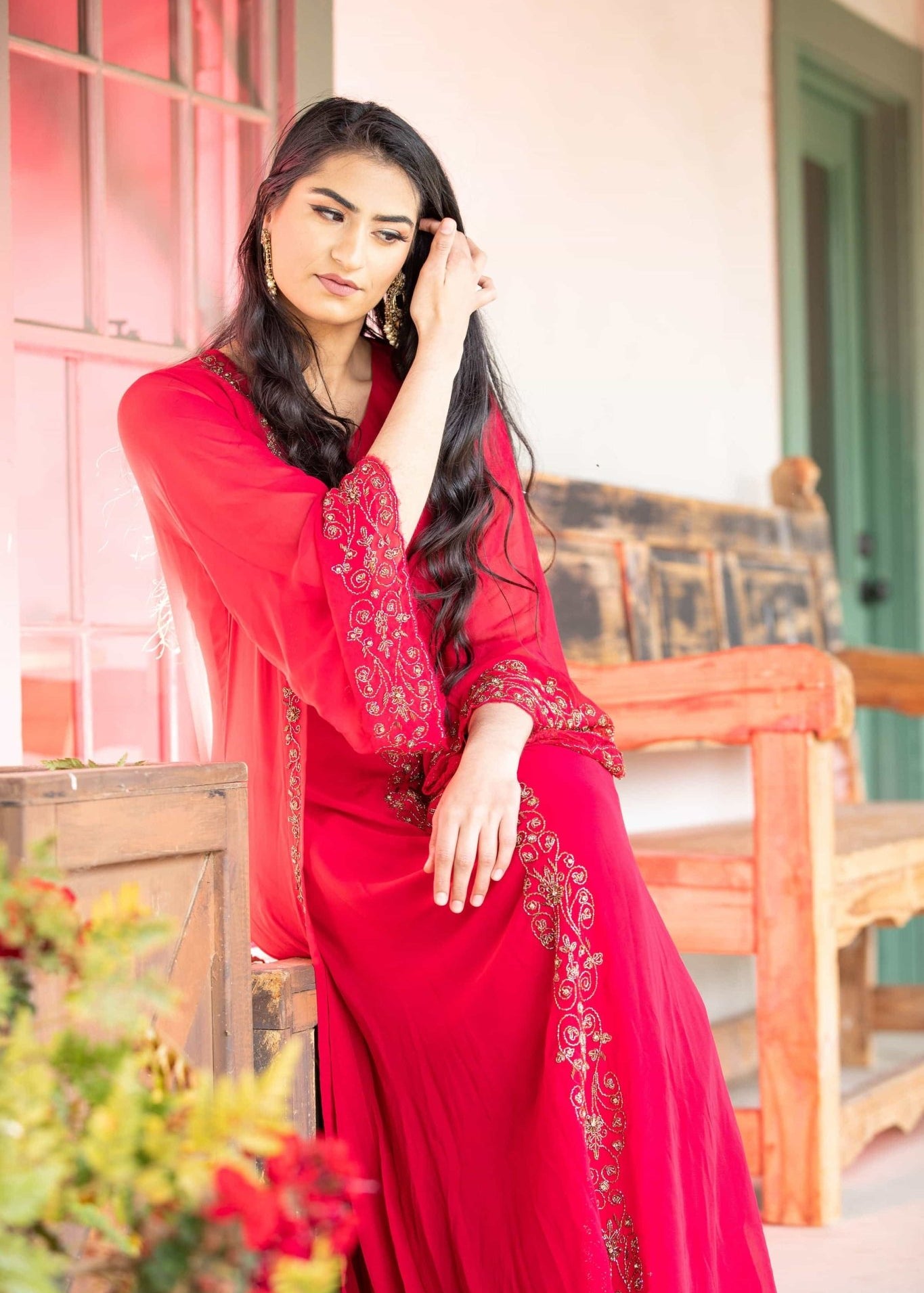 Torch Red Embroidered Dress with Long Jacket - Anvi Couture