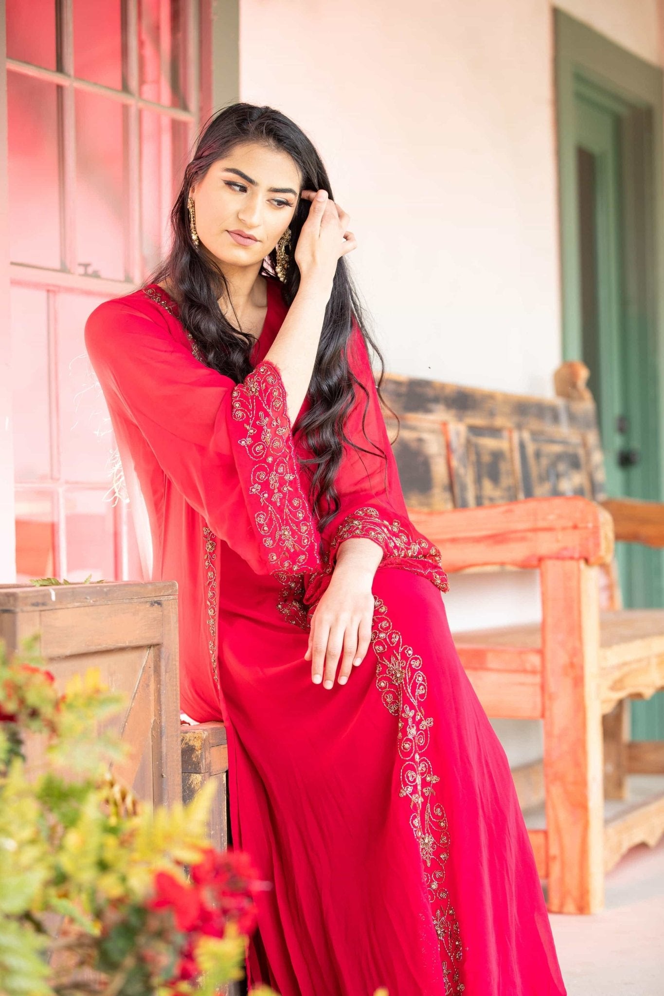 Torch Red Embroidered Dress with Long Jacket - Anvi Couture