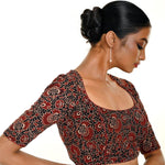 Handwoven maroon and black Ajrakh cotton blouse for ethnic saree pairing – stylish and eco-friendly