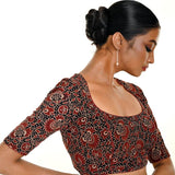 Handwoven maroon and black Ajrakh cotton blouse for ethnic saree pairing – stylish and eco-friendly