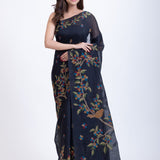 Traditional Black Jamdani Saree With All OverFloral Weaving - Anvi Couture