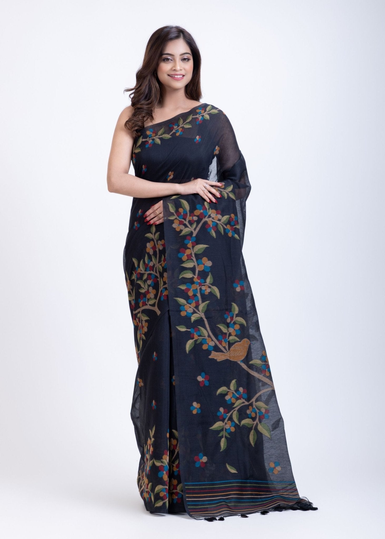 Traditional Black Jamdani Saree With All OverFloral Weaving - Anvi Couture