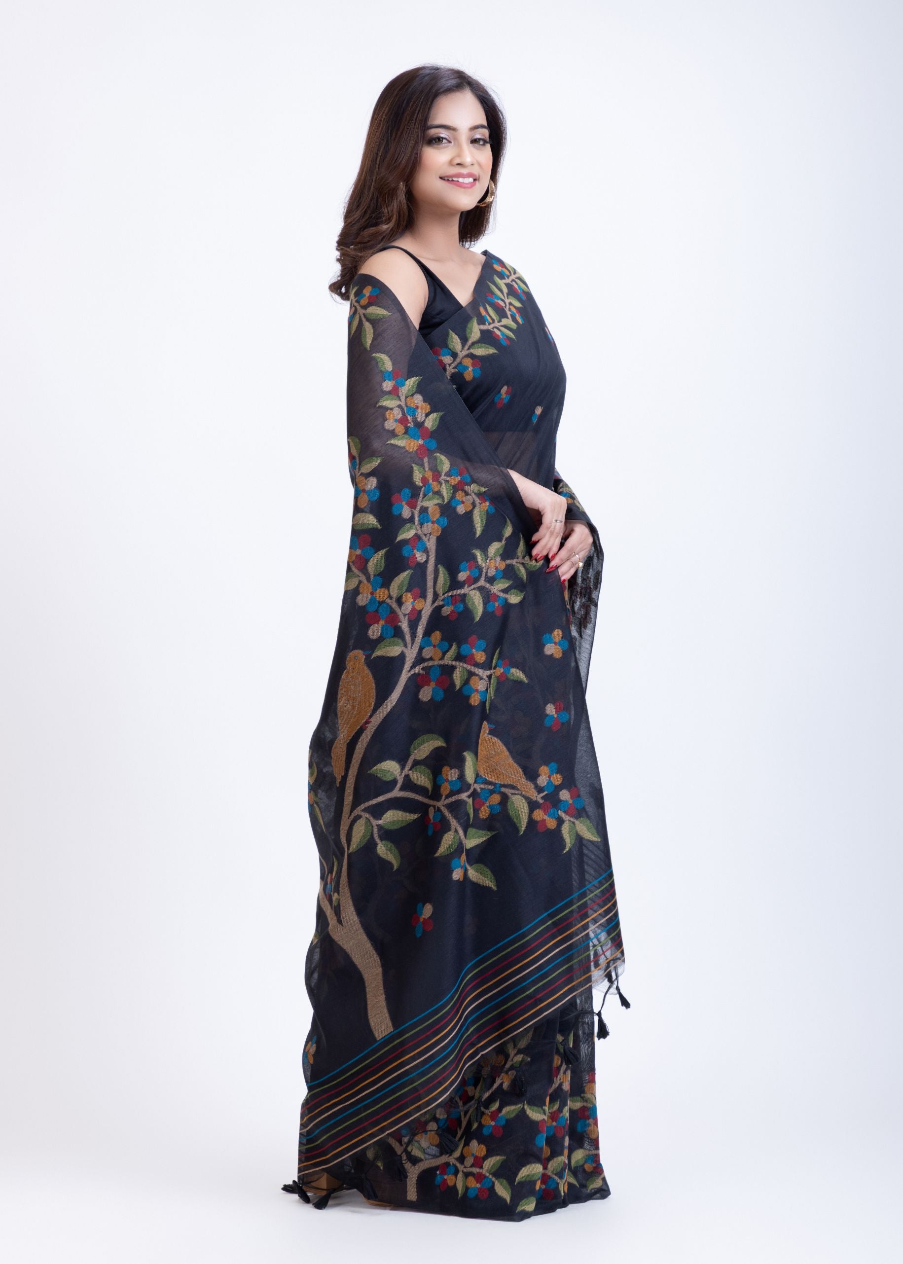 Traditional Black Jamdani Saree With All OverFloral Weaving Front
