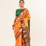 Traditional South Indian  Yellow Kanjeevaram Silk Saree with Green Zari Border 