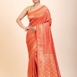 Red Bandhani Handloom Banarasi Saree - Anvi Couture