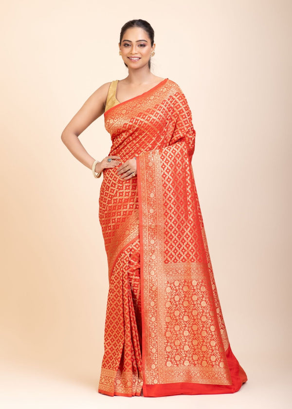 Red Bandhani Handloom Banarasi Saree - Anvi Couture