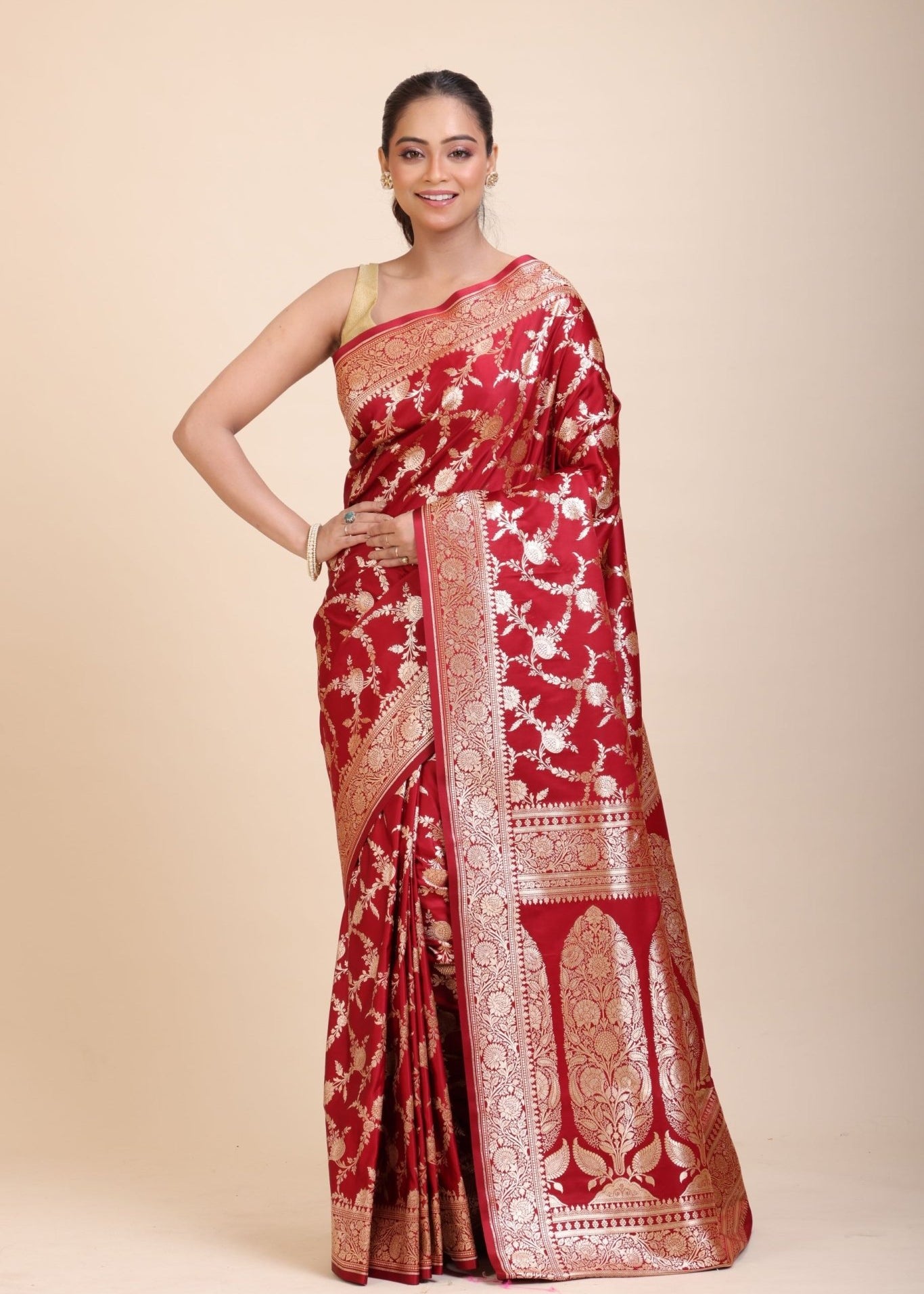 Red Wedding Banarasi Saree with Golden Jaal Work - Anvi Couture