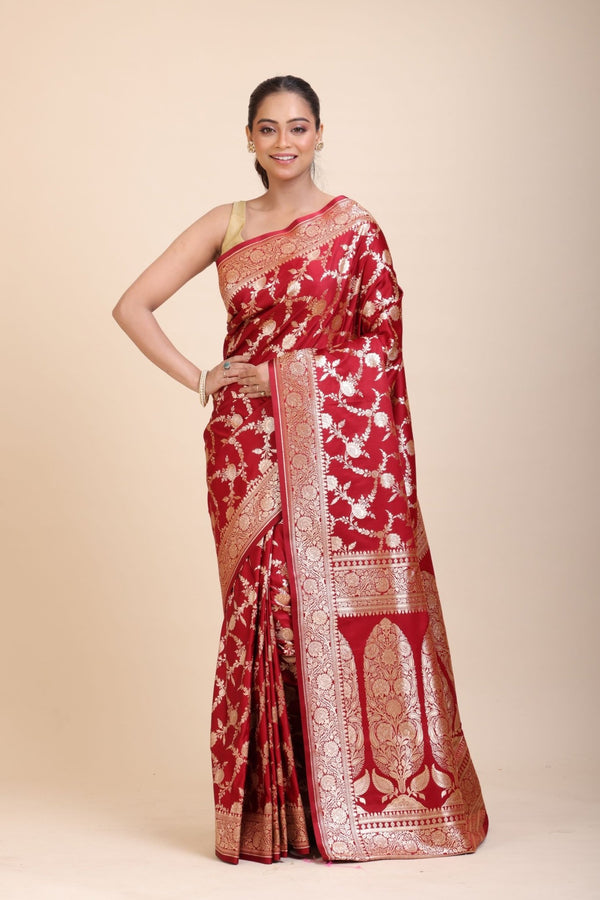 Red Wedding Banarasi Saree with Golden Jaal Work - Anvi Couture