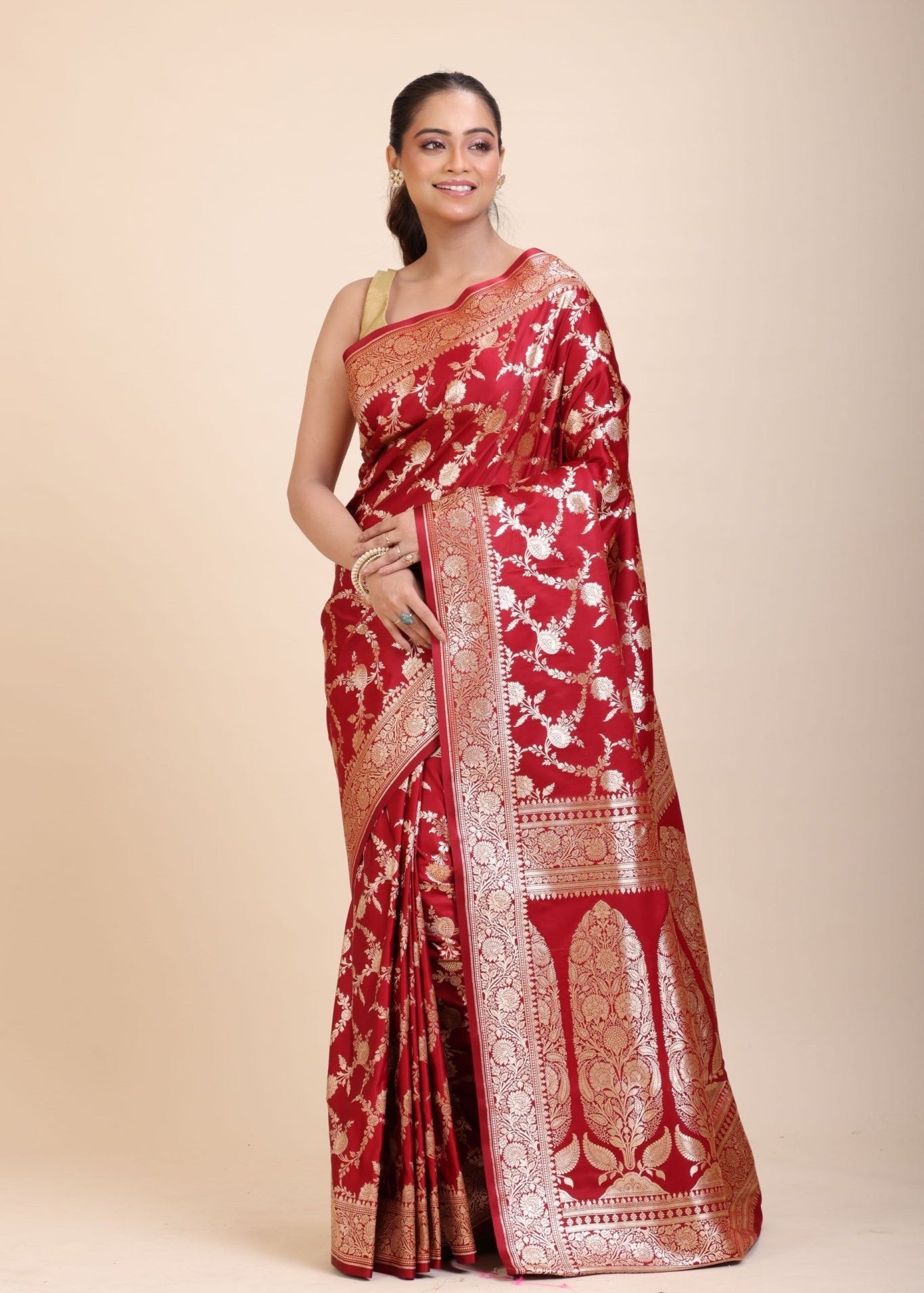 Red Wedding Banarasi Saree with Golden Jaal Work - Anvi Couture