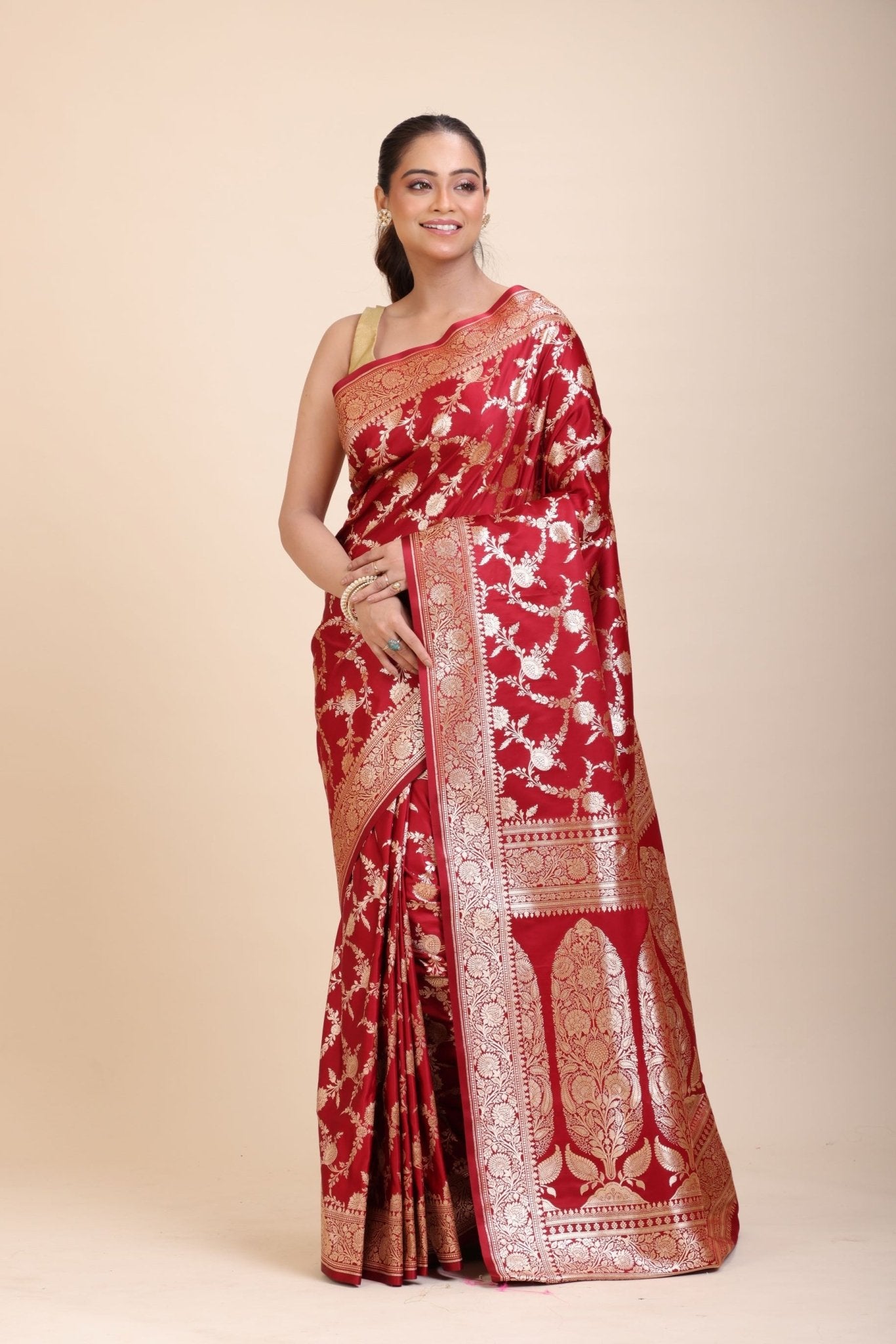 Red Wedding Banarasi Saree with Golden Jaal Work - Anvi Couture