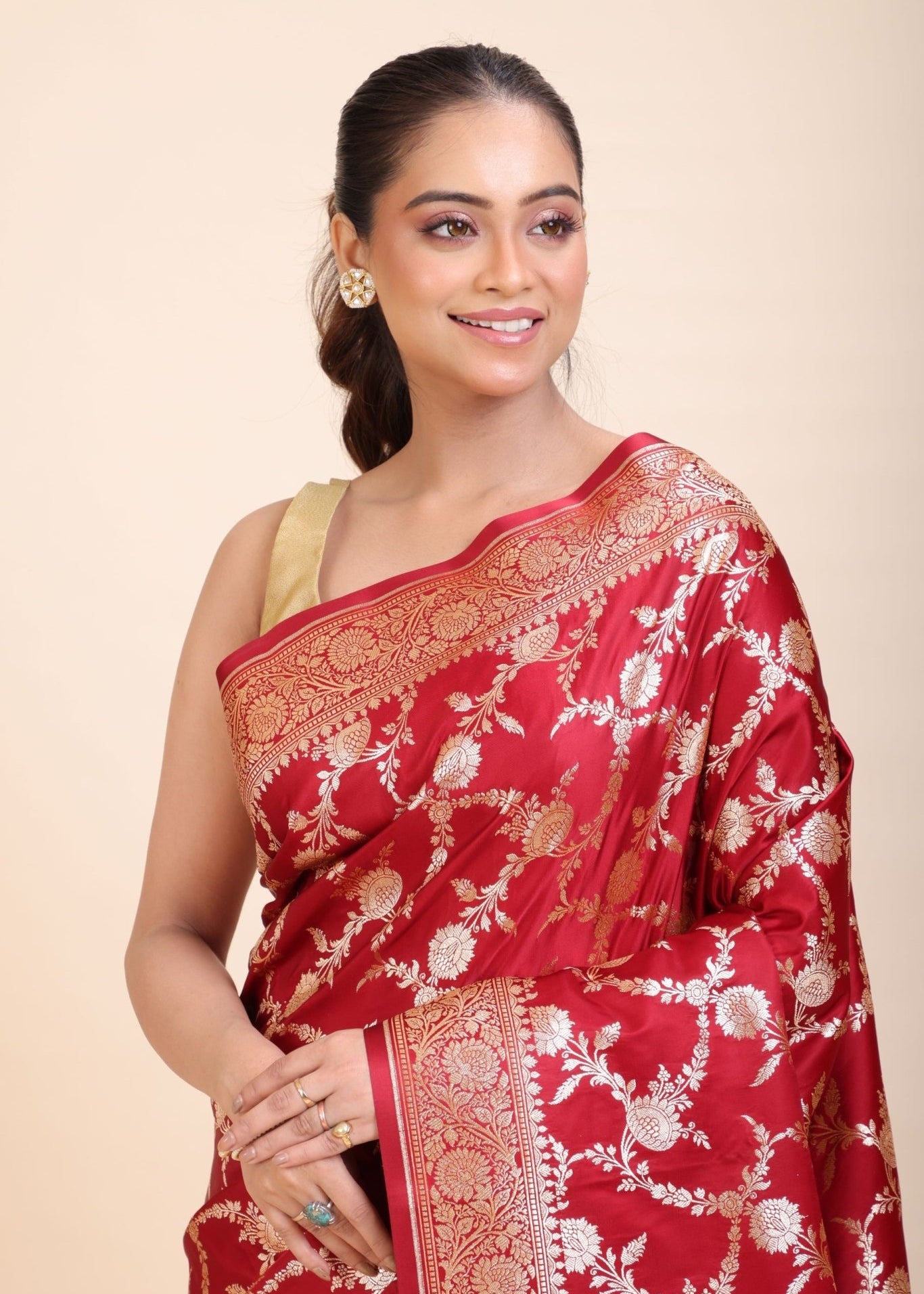 Red Wedding Banarasi Saree with Golden Jaal Work - Anvi Couture