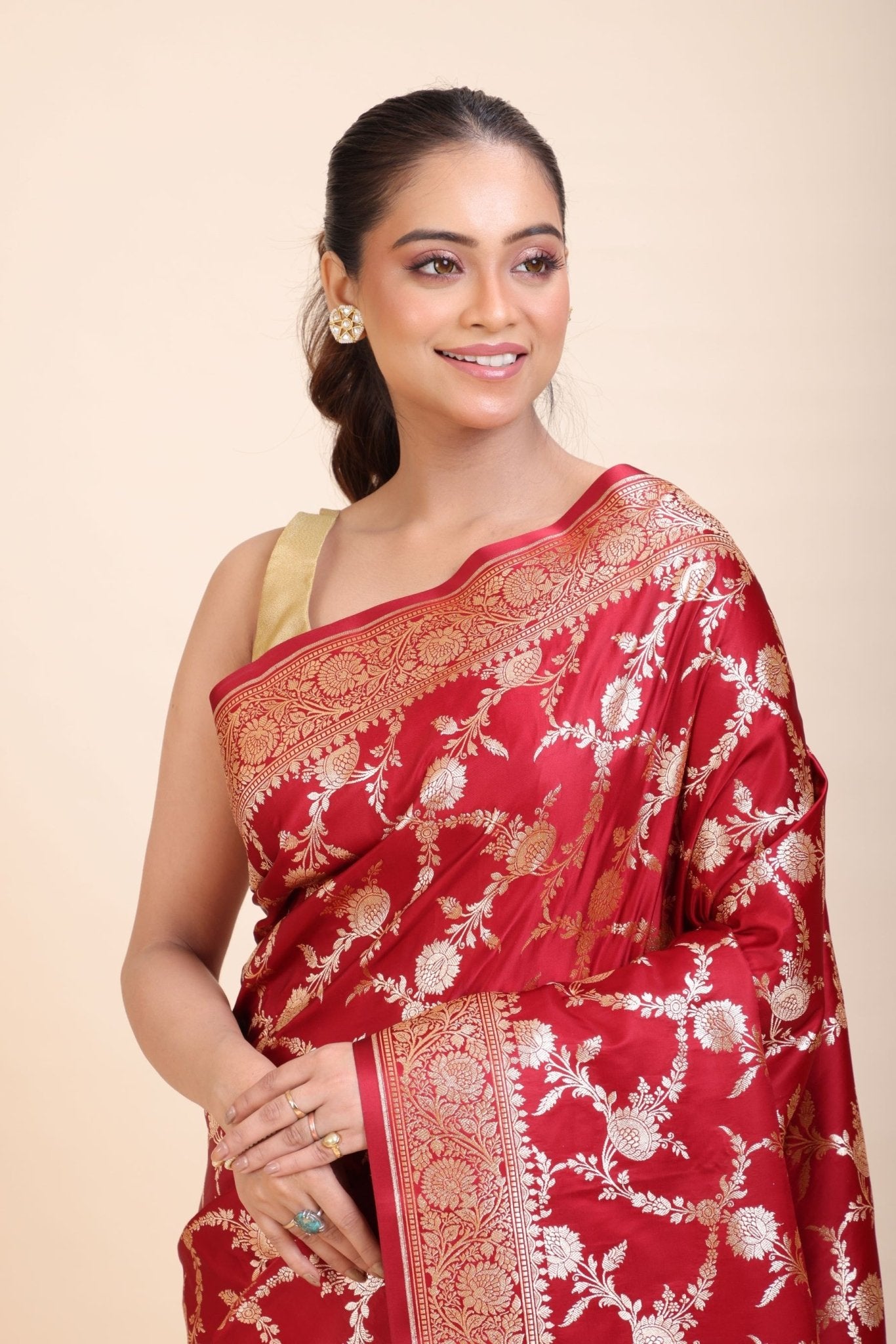 Red Wedding Banarasi Saree with Golden Jaal Work - Anvi Couture