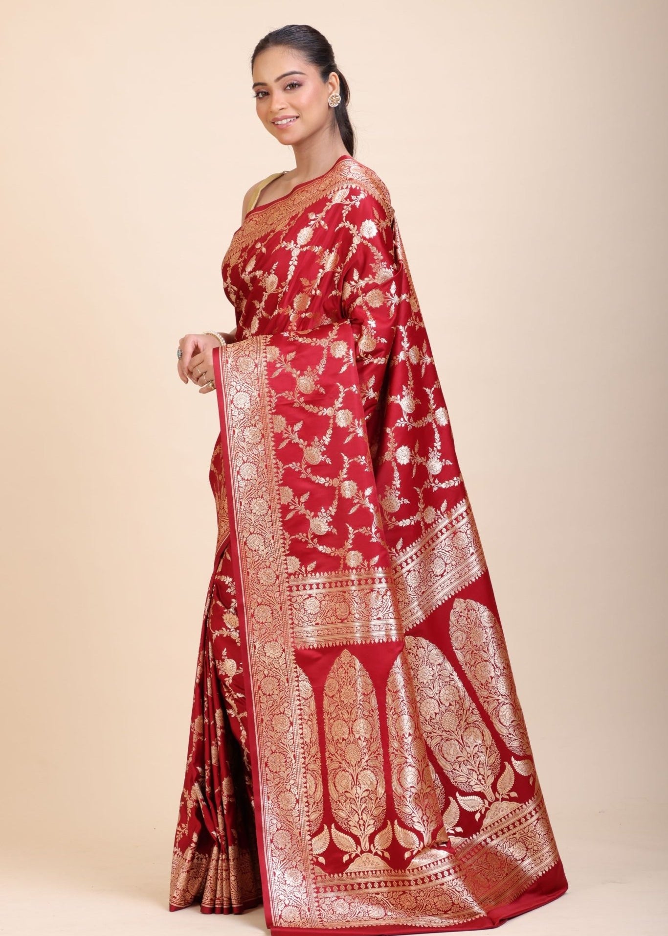 Red Wedding Banarasi Saree with Golden Jaal Work - Anvi Couture