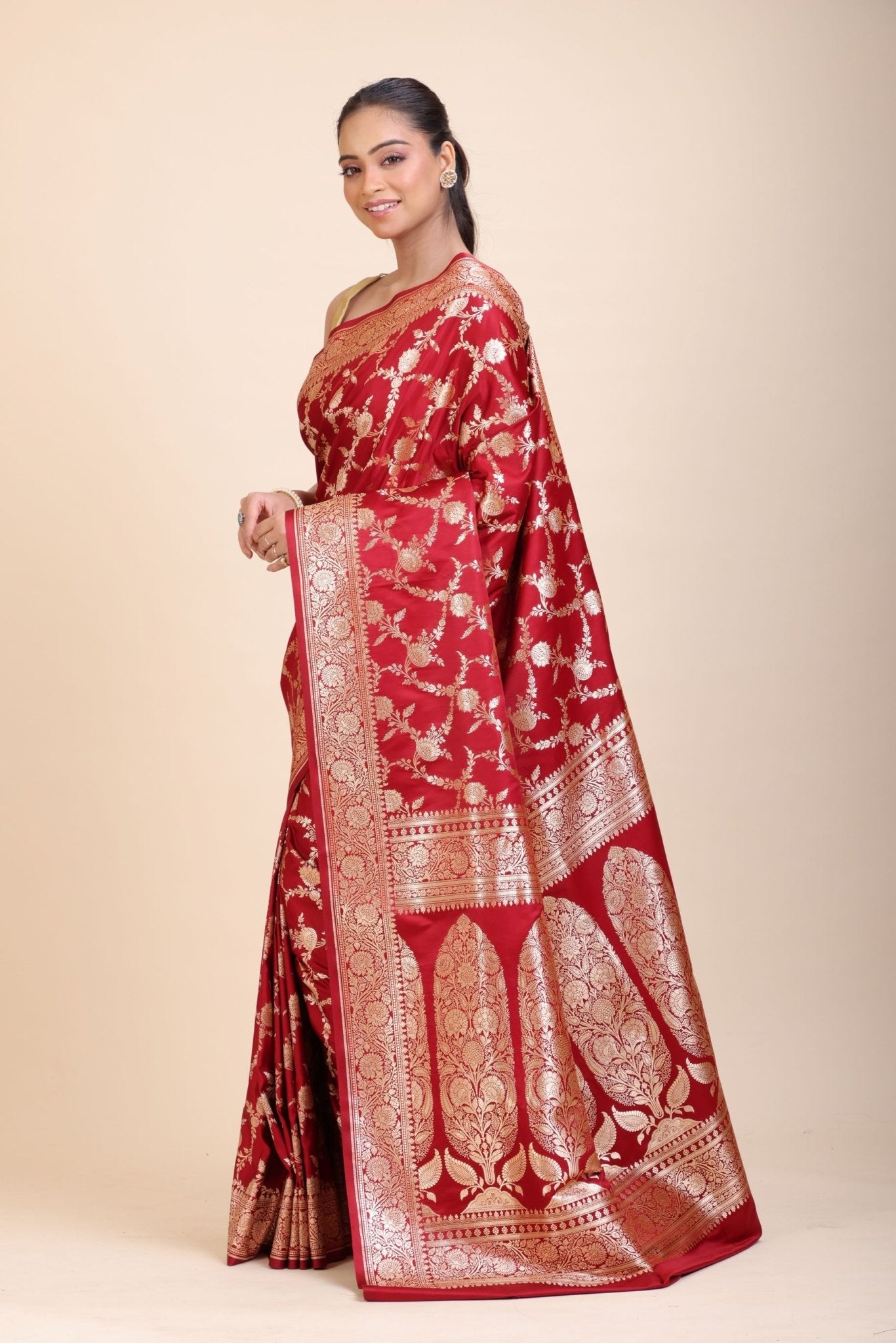 Red Wedding Banarasi Saree with Golden Jaal Work - Anvi Couture