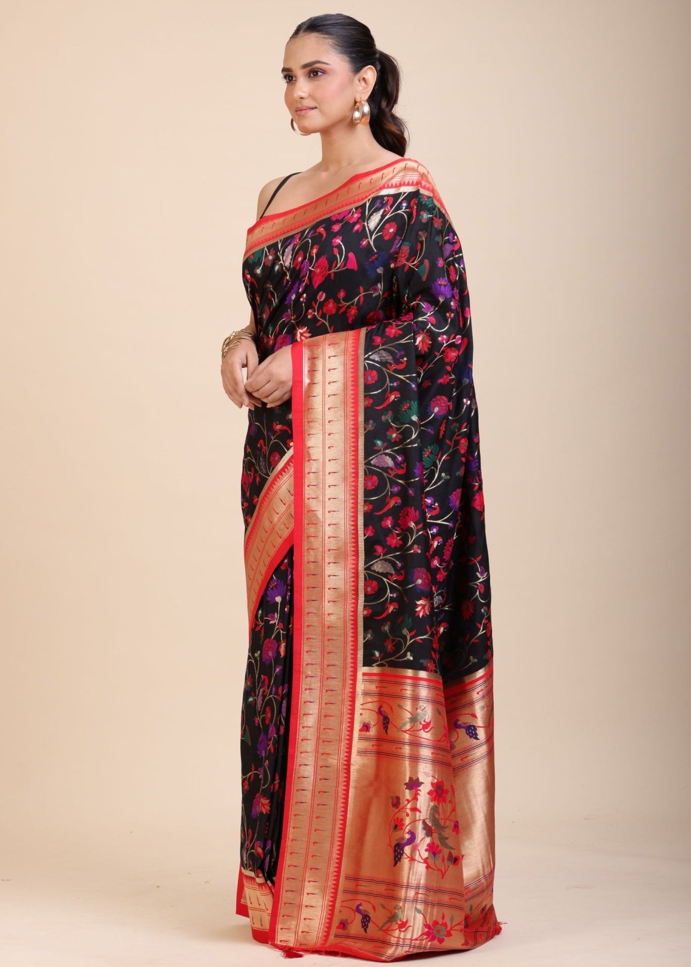 Black and Red Pathani Silk Saree - Anvi Couture