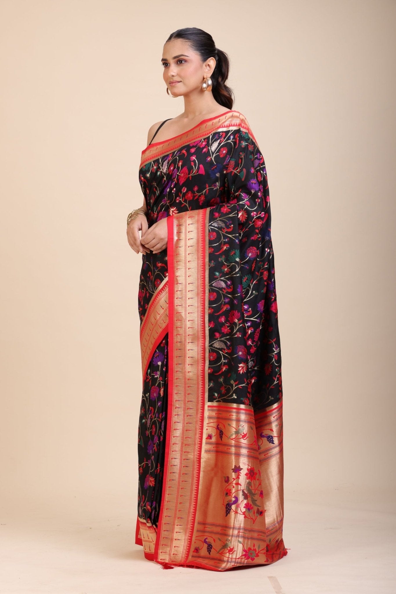 Black and Red Pathani Silk Saree - Anvi Couture