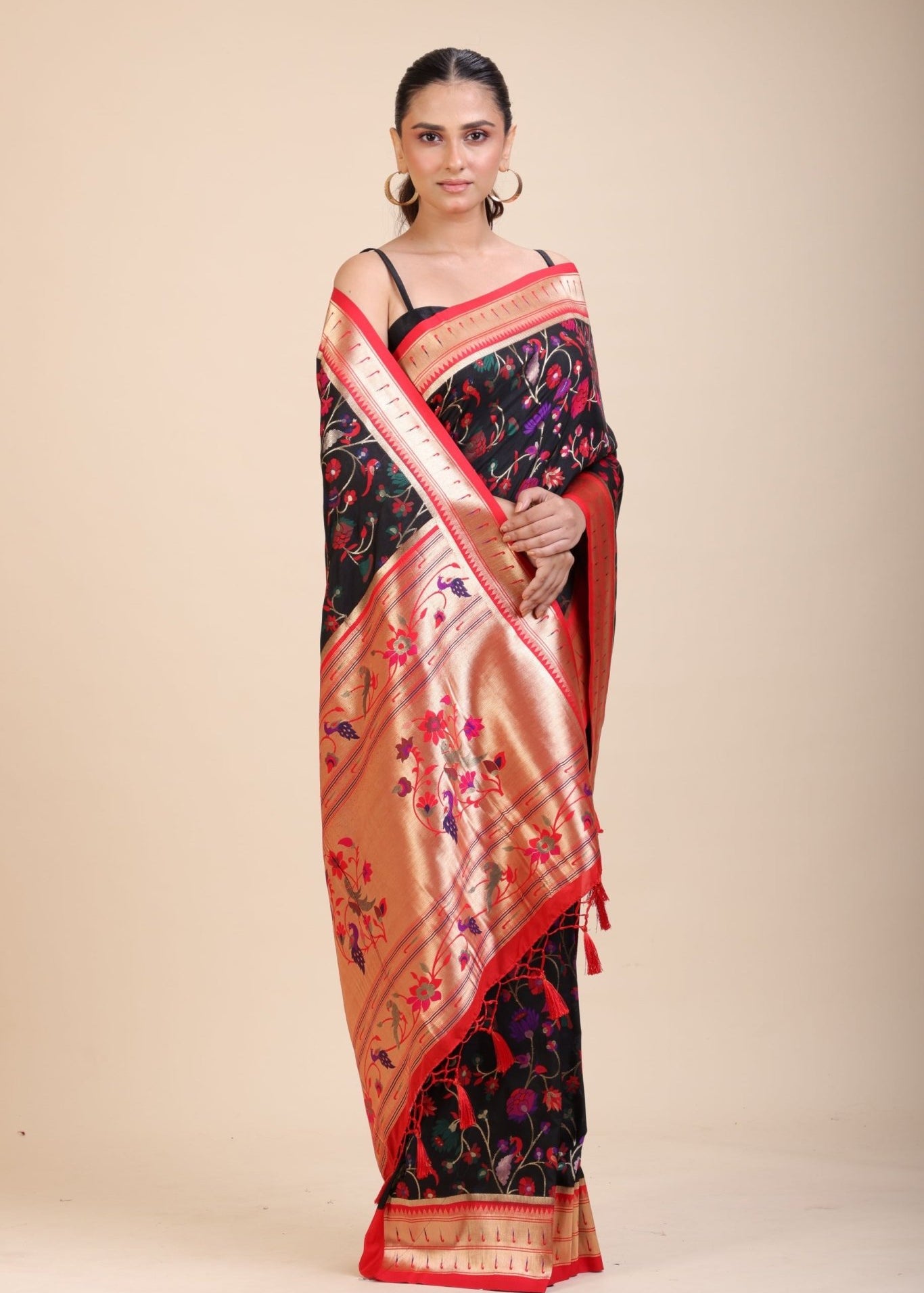 Black and Red Pathani Silk Saree - Anvi Couture