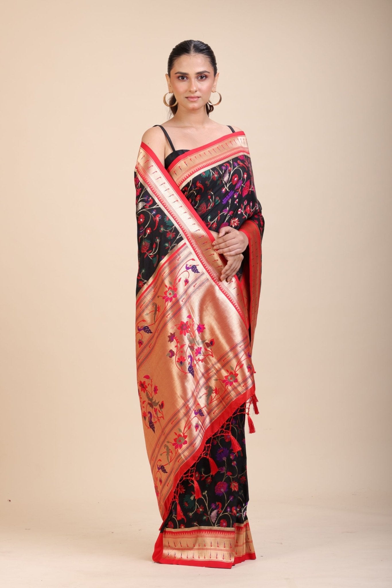 Black and Red Pathani Silk Saree - Anvi Couture