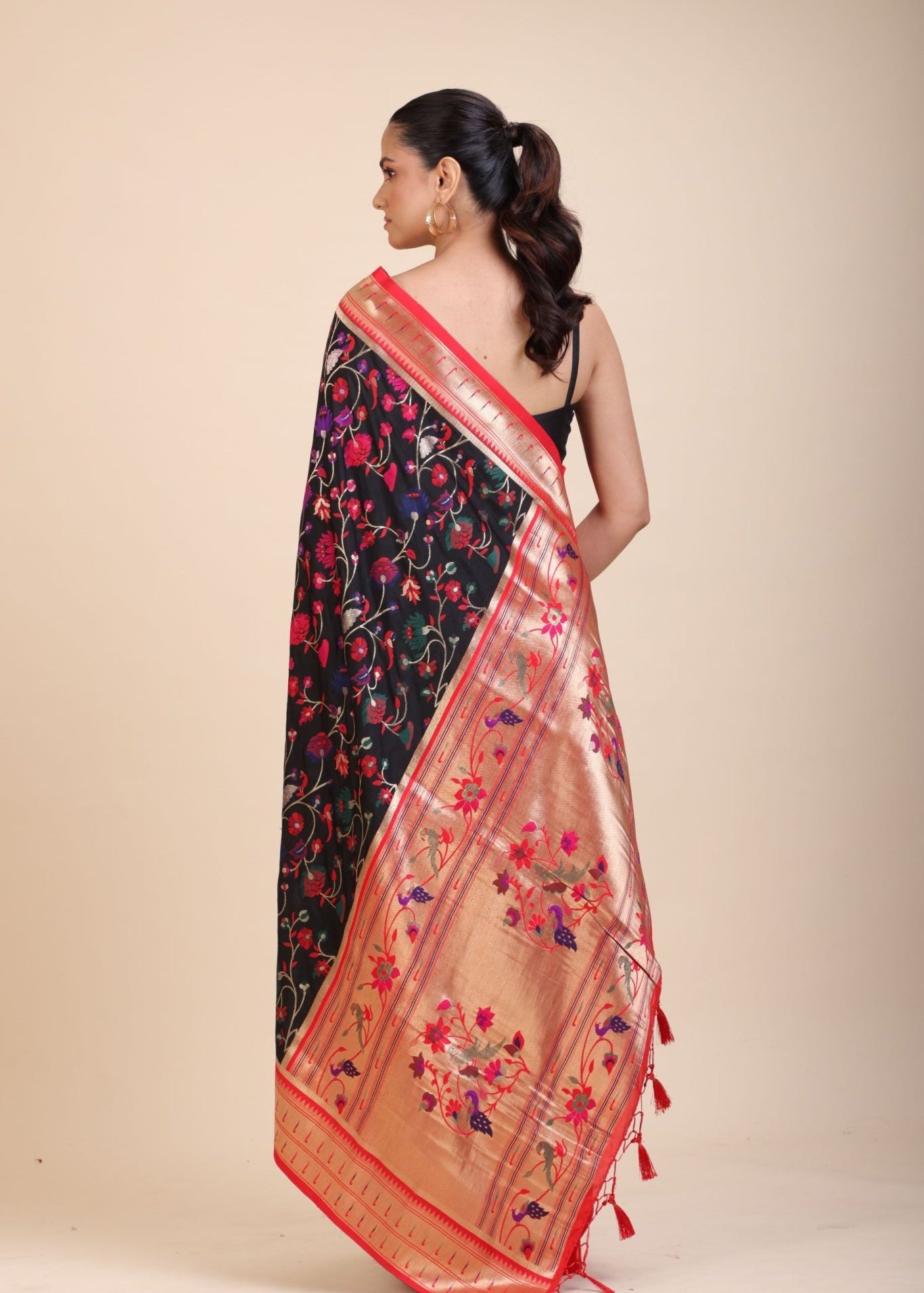 Black and Red Pathani Silk Saree - Anvi Couture