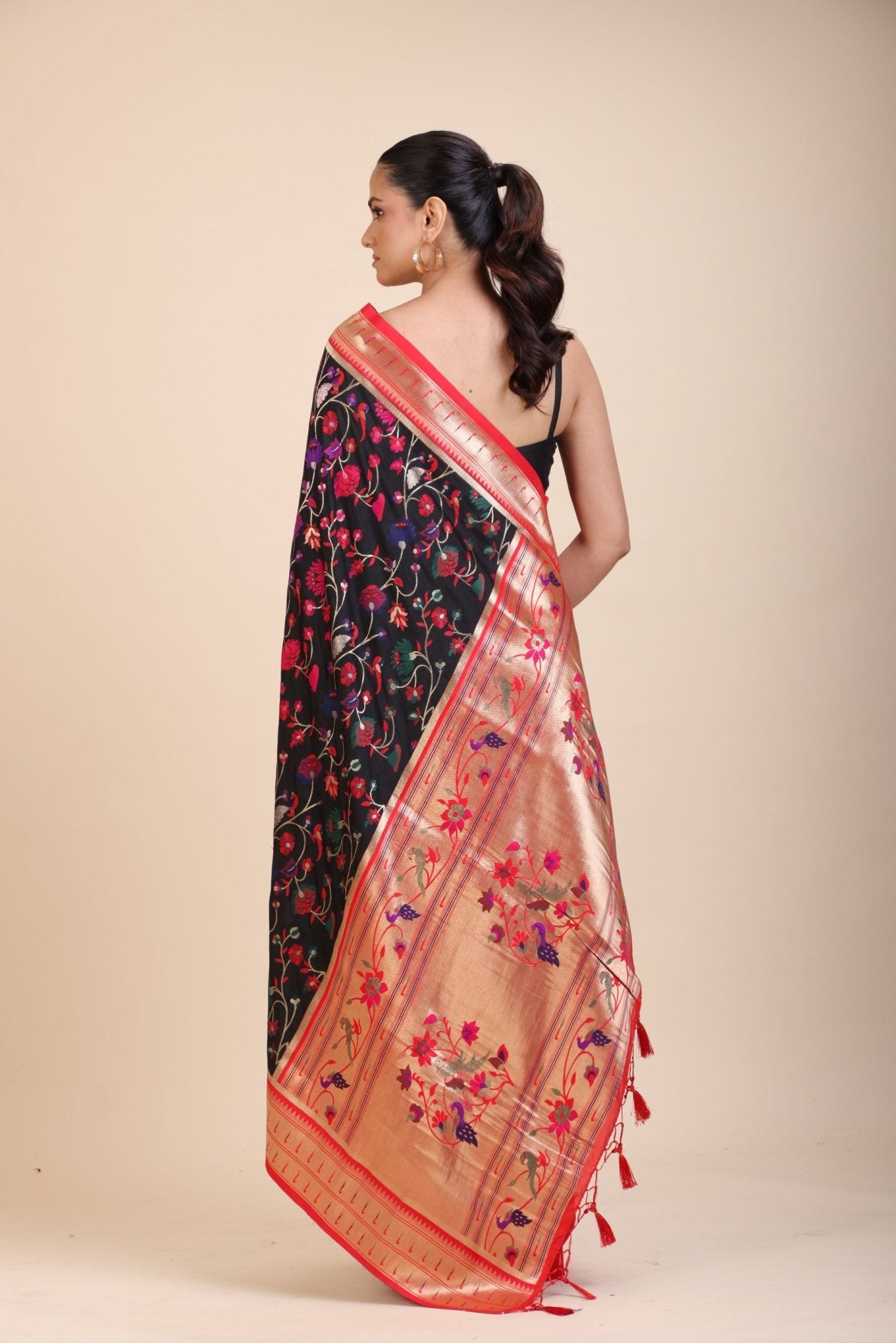 Black and Red Pathani Silk Saree - Anvi Couture
