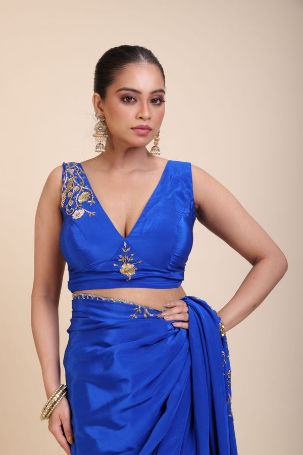 Blue Embroidered Sleeveless Blouse - Anvi Couture