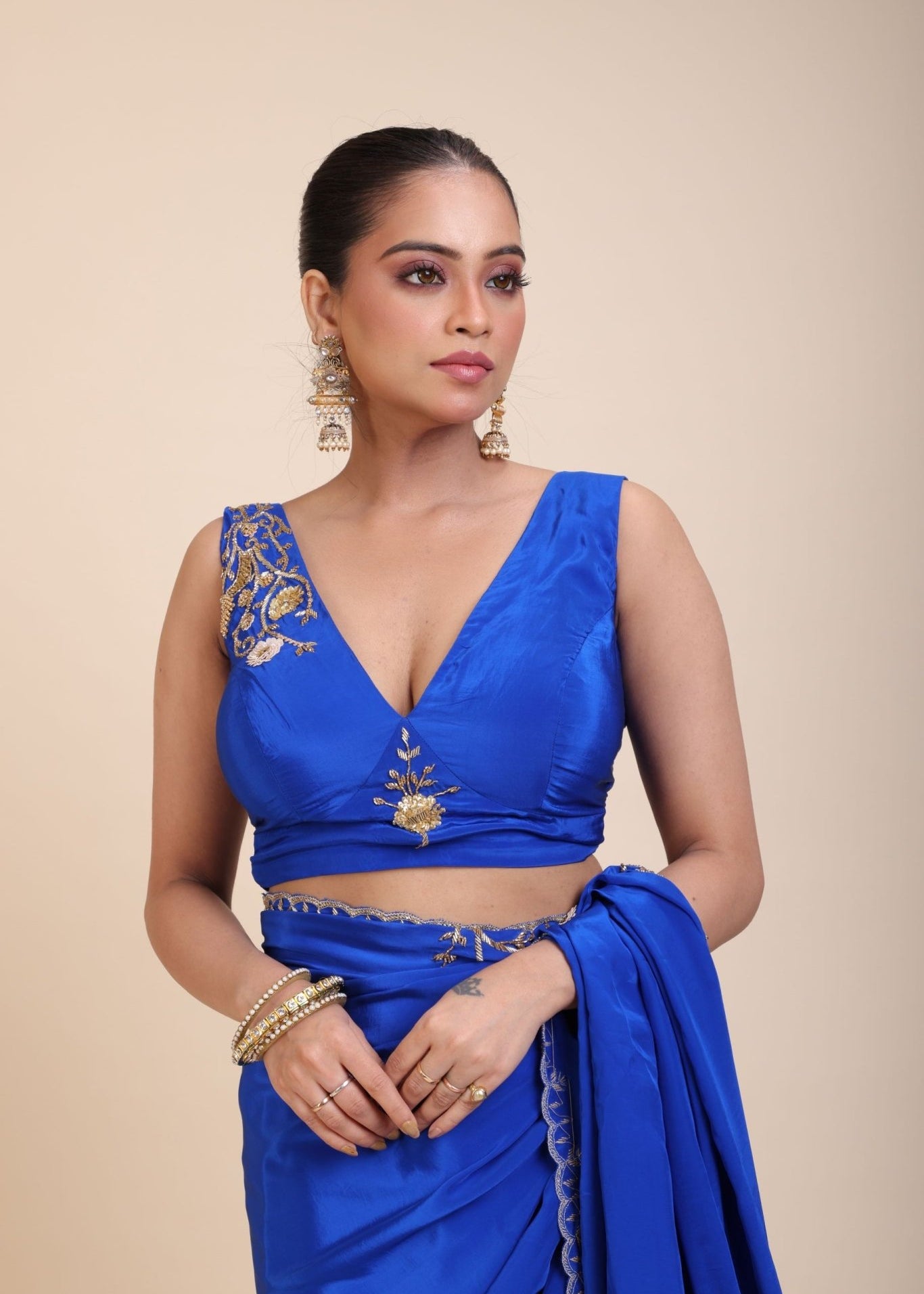 Blue Embroidered Sleeveless Blouse - Anvi Couture