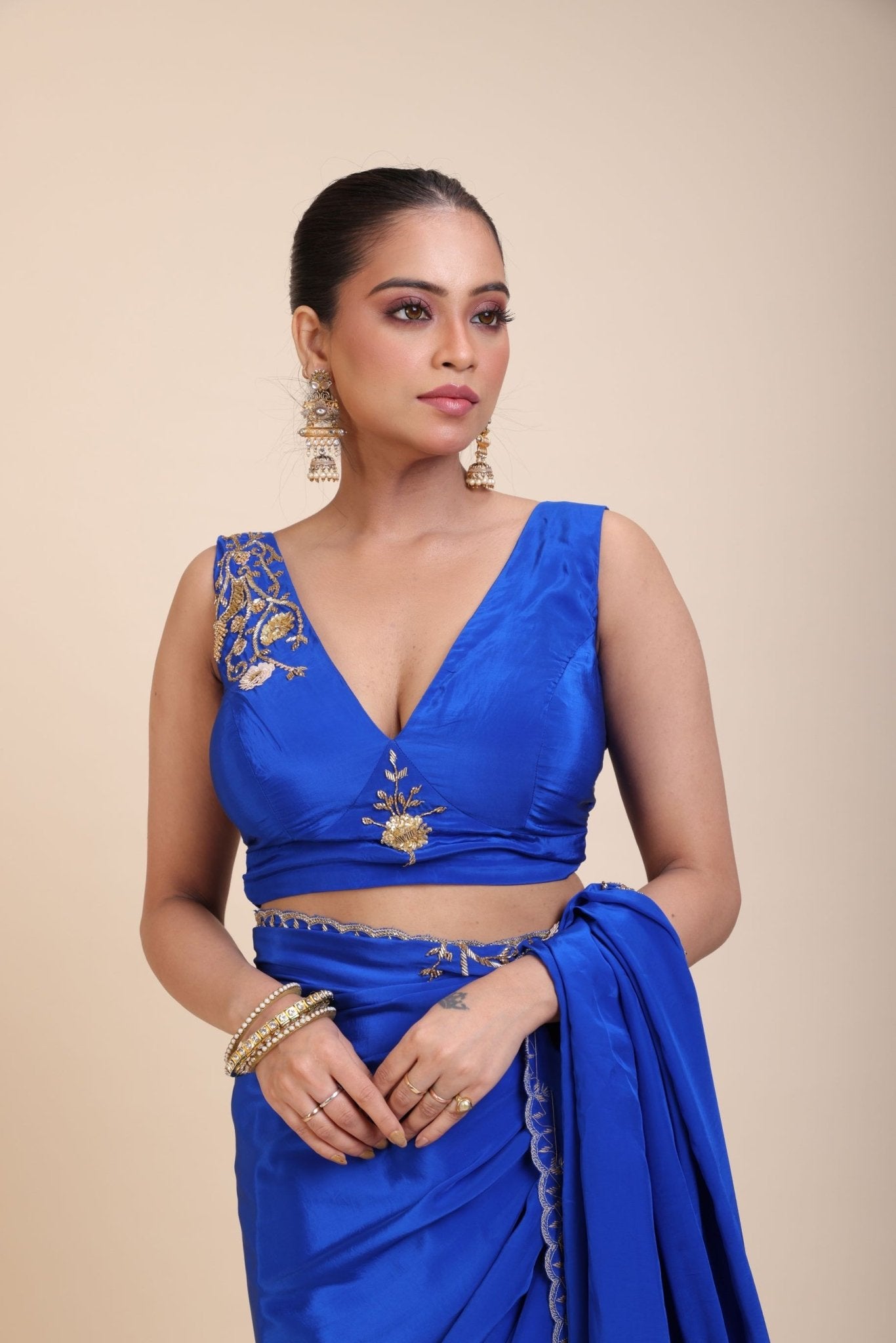 Blue Embroidered Sleeveless Blouse - Anvi Couture