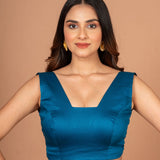 Teal Blue Scoop  V Neck Sleeveless Blouse