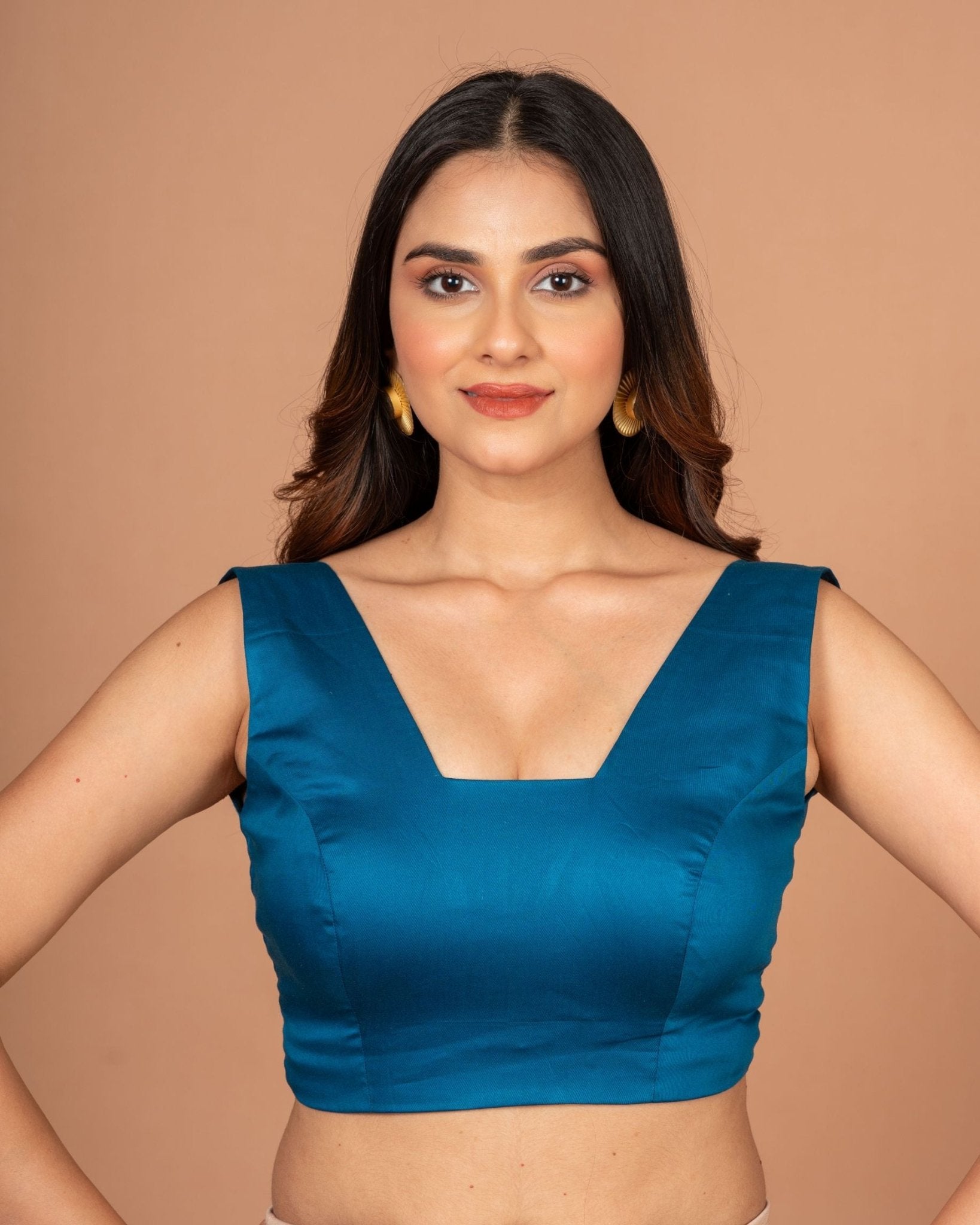 Teal Blue Scoop V Neck Sleeveless Blouse - Anvi Couture