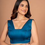 Teal Blue Scoop  V Neck Sleeveless Blouse
