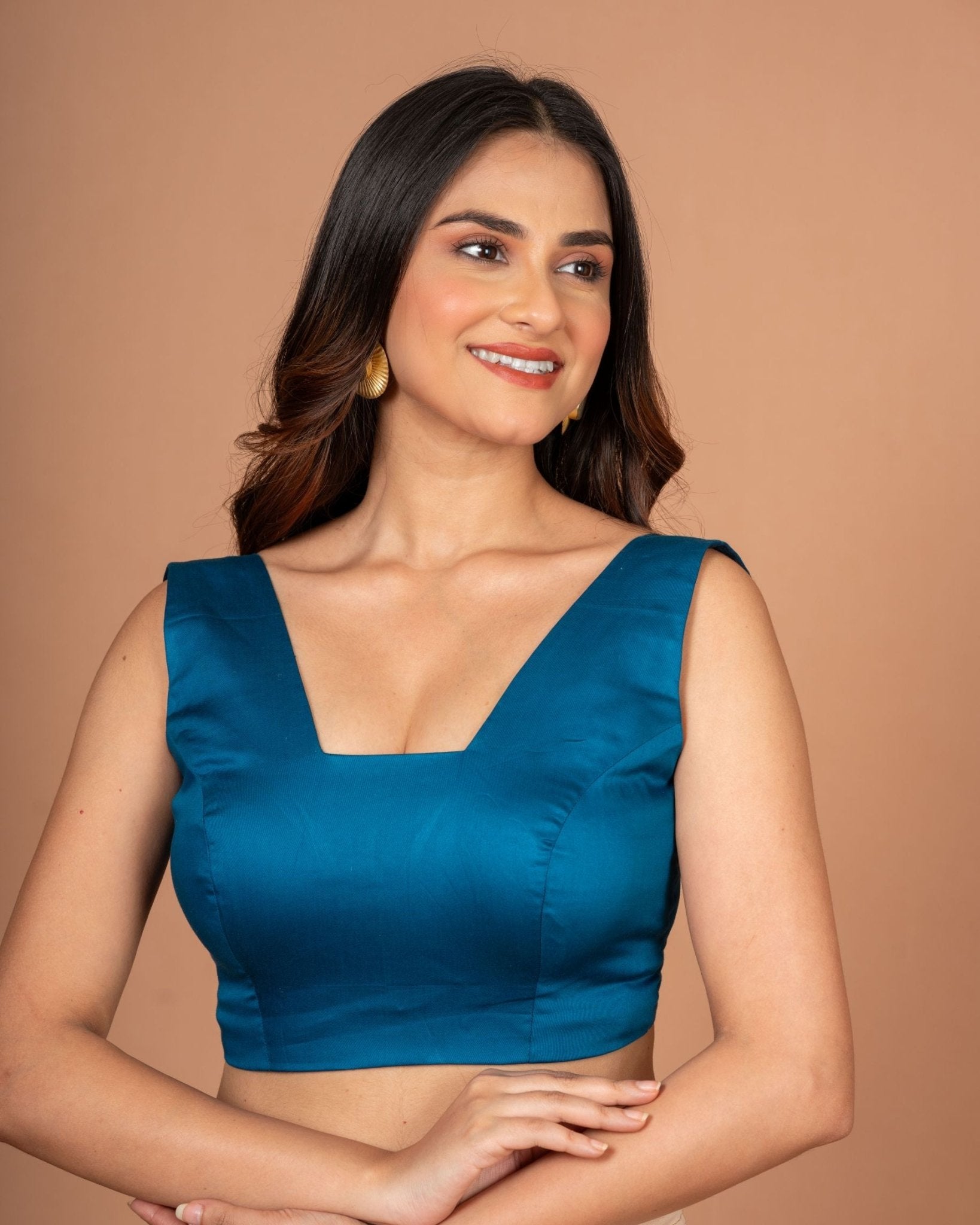 Teal Blue Scoop V Neck Sleeveless Blouse - Anvi Couture