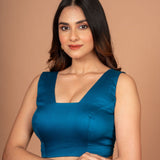 Teal Blue Scoop  V Neck Sleeveless Blouse