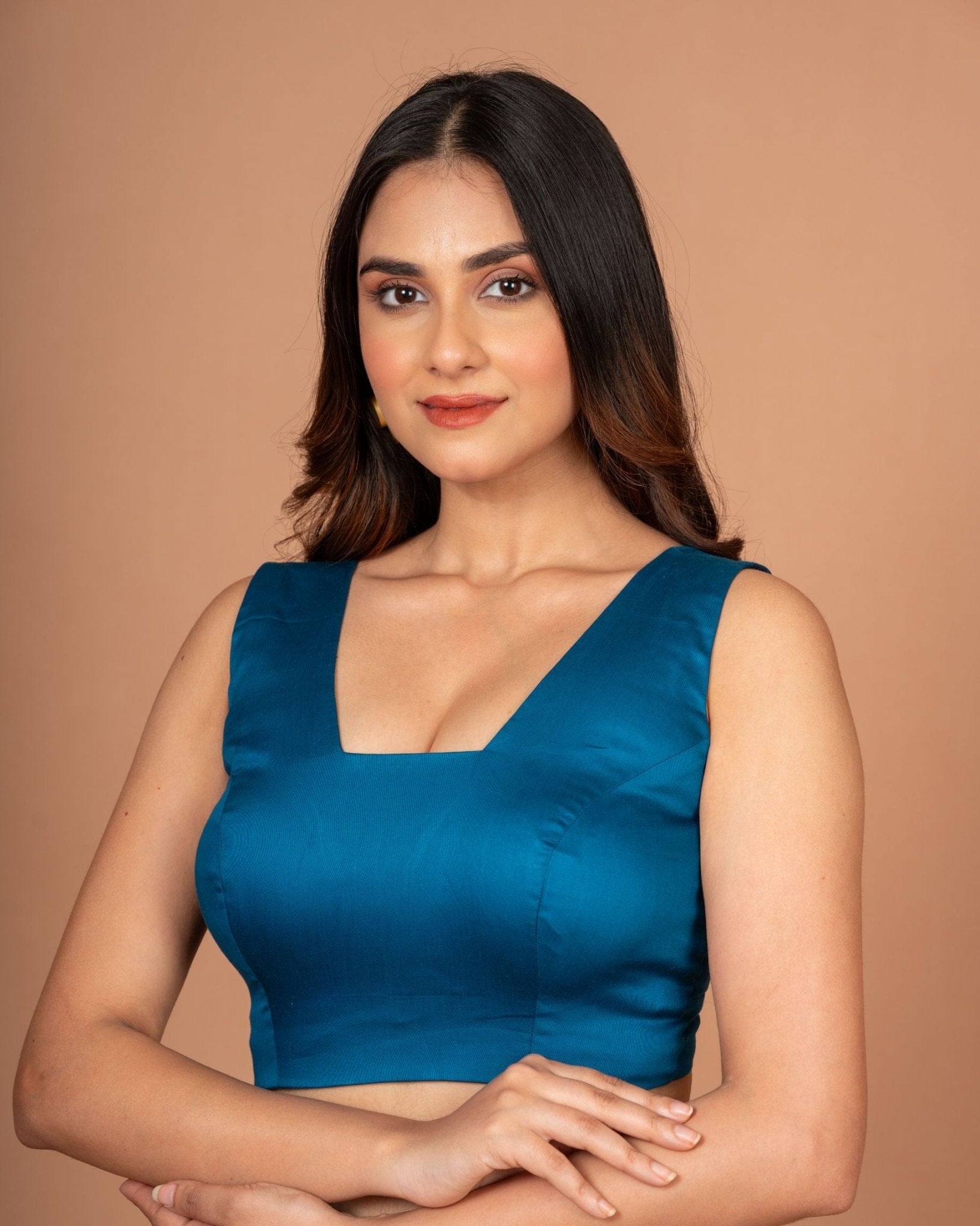Teal Blue Scoop V Neck Sleeveless Blouse - Anvi Couture