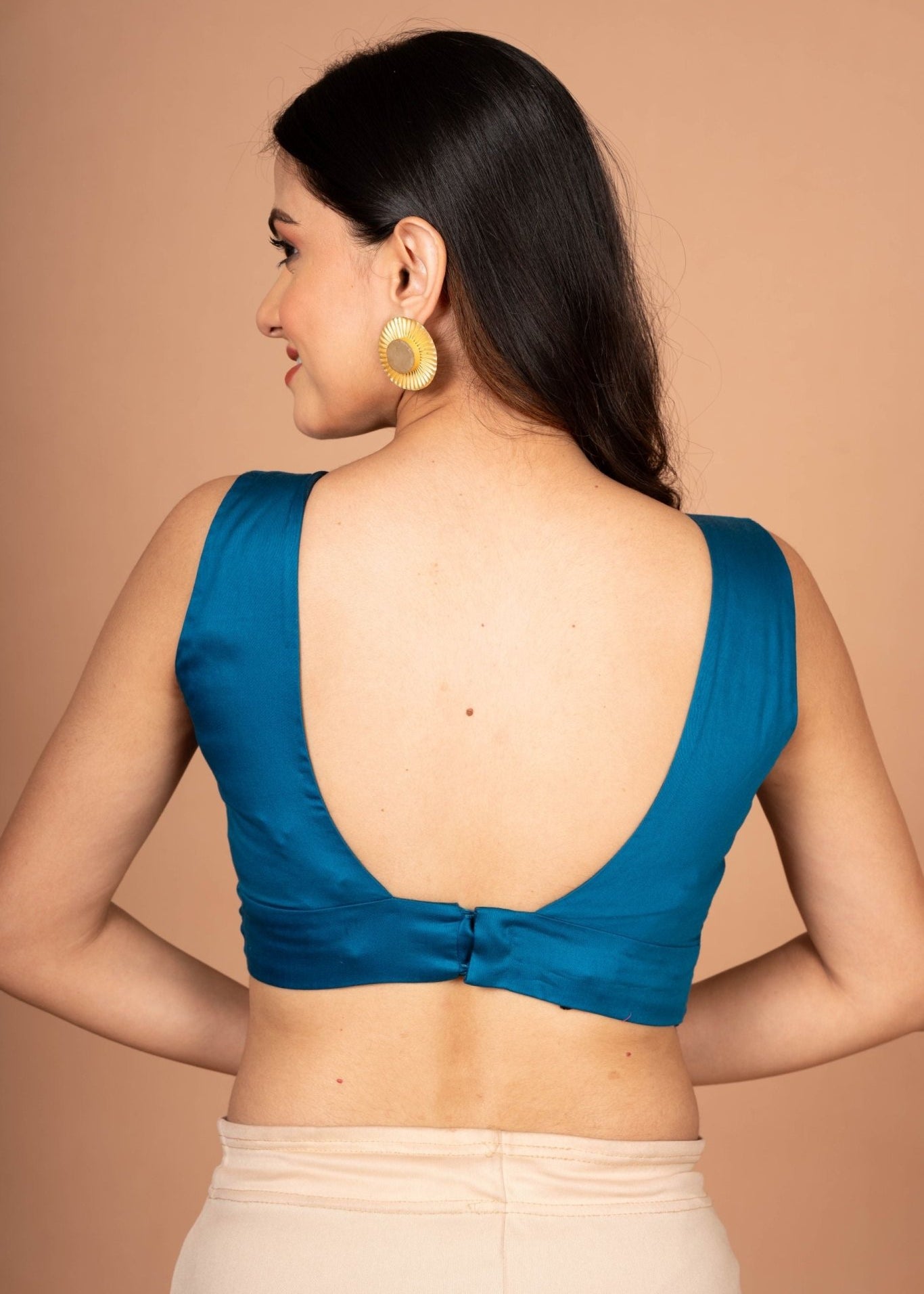 Teal Blue Scoop V Neck Sleeveless Blouse - Anvi Couture