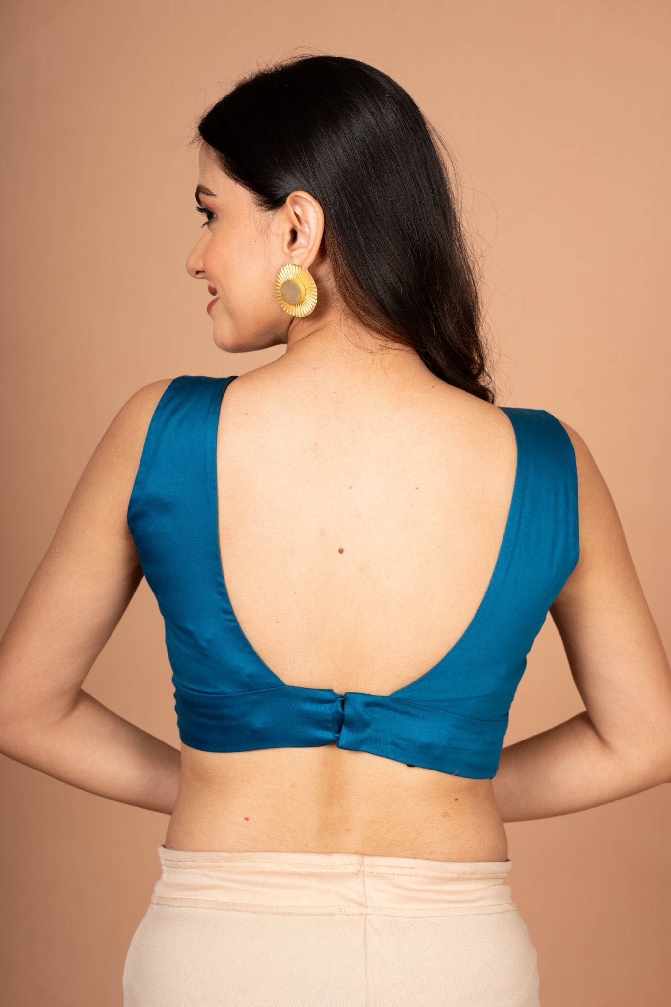 Teal Blue Scoop V Neck Sleeveless Blouse - Anvi Couture