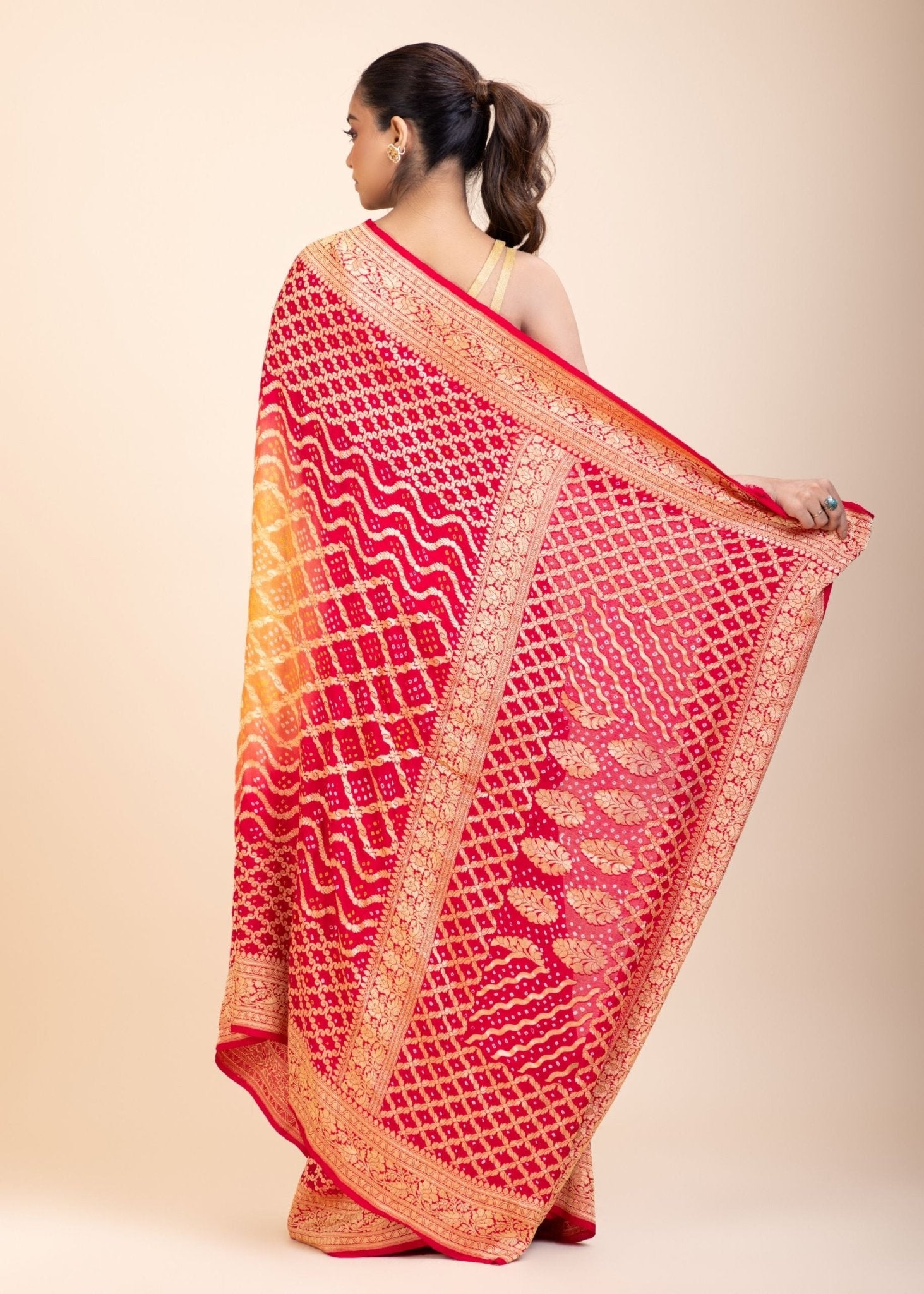 Red & Yellow Khaddi Georgette Bandhani Banarasi Saree - Anvi Couture