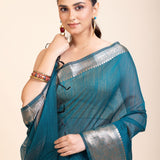 Blue Soft Silk Saree With Golden Border - Anvi Couture