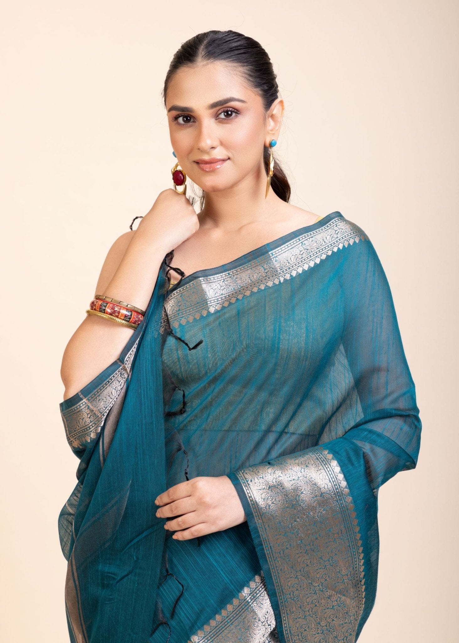 Blue Soft Silk Saree With Golden Border - Anvi Couture